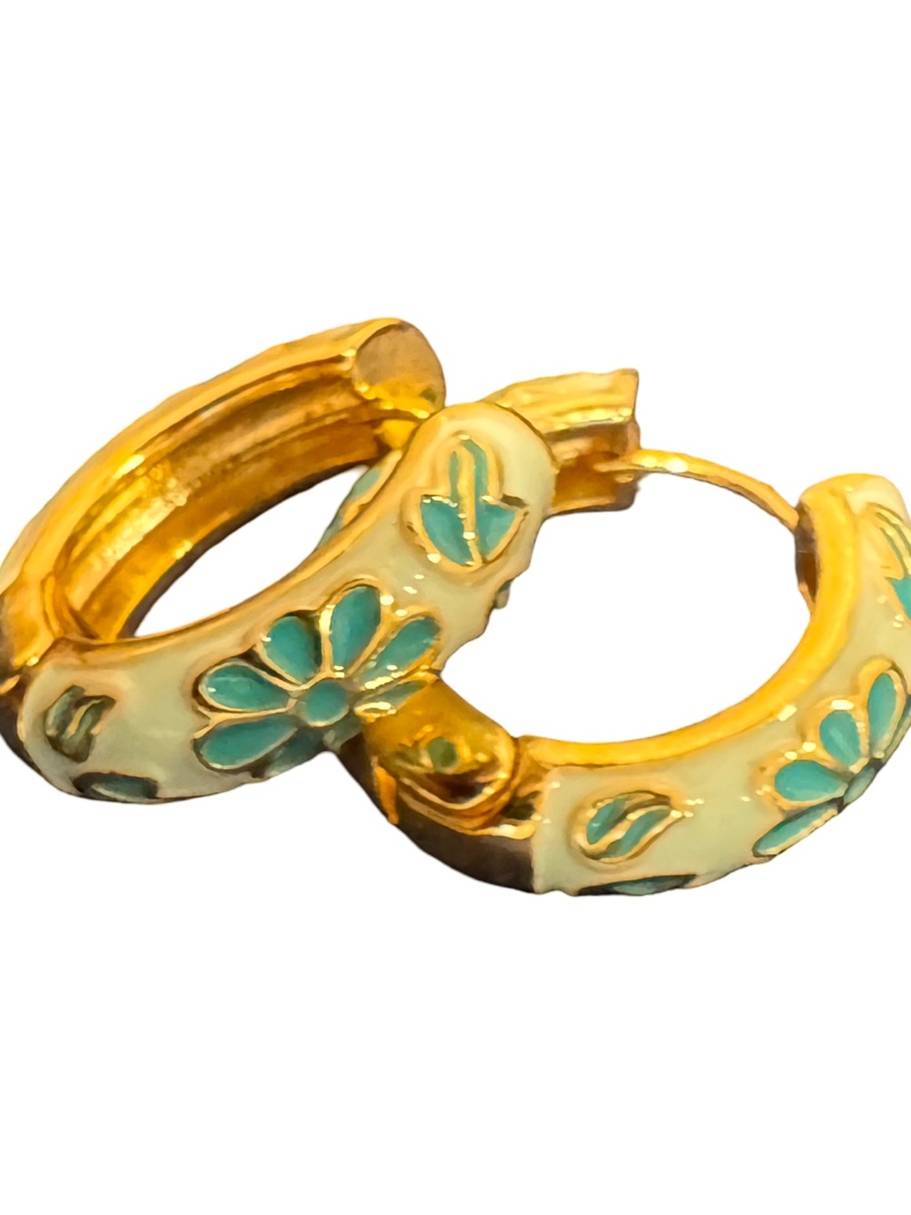 Anthropologie Gold Hoop Earrings with Cream and Turquoise Floral Enamel